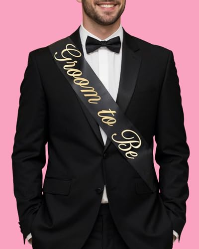Bride and Groom Sash Set - Black & White Satin with Gold Foil