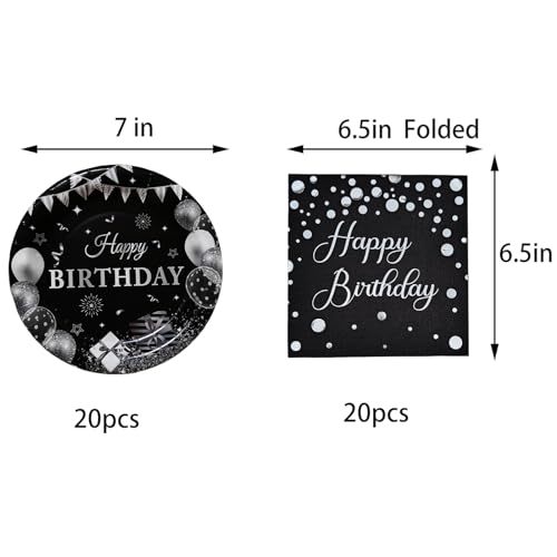 Black and Silver Happy Birthday Plates and Napkins Set for 20