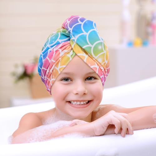 Kids Microfiber Hair Towel Wrap - Rainbow & Purple Mermaid Design, 2 Pack