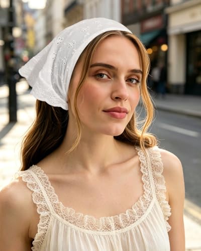CHLINS Lace Head Scarf Bandana Headband Set - White Cotton (2PCS)
