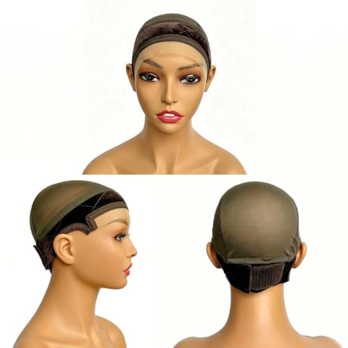 Prudenp Lace Edges Wig Cap with Grip Band Brown - Reusable No-Slip Adjustable Hair Cap