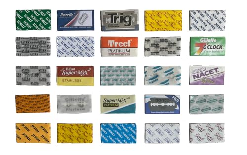 7 O'clock Double Edge Razor Blade Sampler Pack - 50 Blades, 25 Types for Wet Shaving