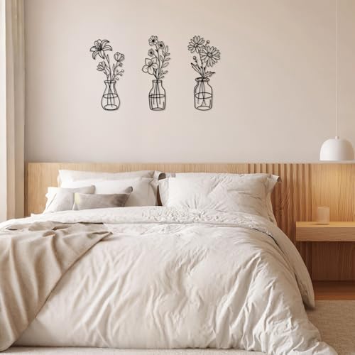 Metal Flower Wall Decor Set - 3 Pcs Wrought Iron Vases for Home
