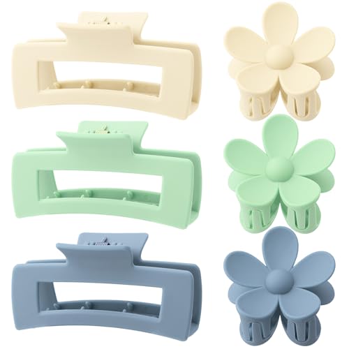 Large Claw Hair Clips for Thick Hair - Non-Slip Square & Flower Styles, Matte Green & Blue (6 Pack)