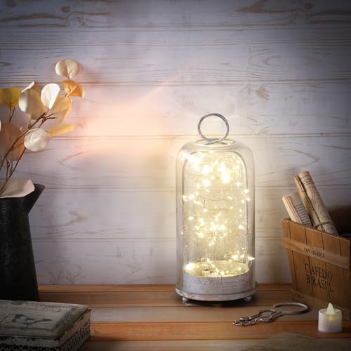 12" Modern Metal Hurricane Lantern with Handmade Glass Dome - Shabby White