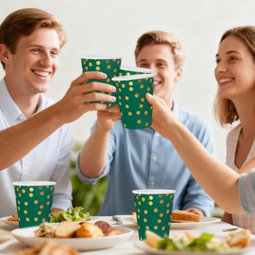 Dark Green and Gold Disposable Paper Cups - 9 oz, 50 Pcs