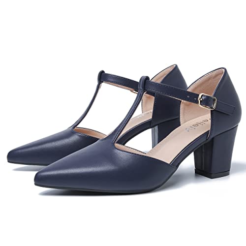Women's T-Strap Pointed Toe Pumps with Block Heel and Ankle Buckle - Peijely