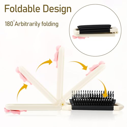 Folding Travel Hair Brush with Removable Mirror - Cream