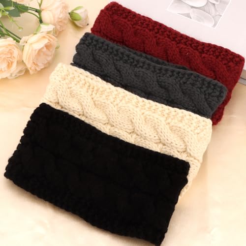 Araluky 4 Pack Women’s Winter Ear Warmers Knit Headbands - Cable Fleece-Lined for Ski, Running, Cycling, Daily Use - White, Red, Gray, Black