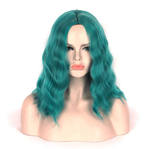 CliCling Short Wavy Bob Wig for Women - Middle Part, Curly, Shoulder Length, Colorful Synthetic Heat-Resistant Hair (Dark Turquoise)
