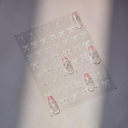 White Pearl Embossed Bow Nail Stickers for Elegant Nail Art - Self-Adhesive, 52 Designs