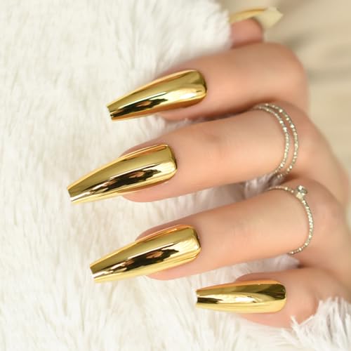 Mirror Gold Metallic Press On Nails Coffin Shape - IKISKT