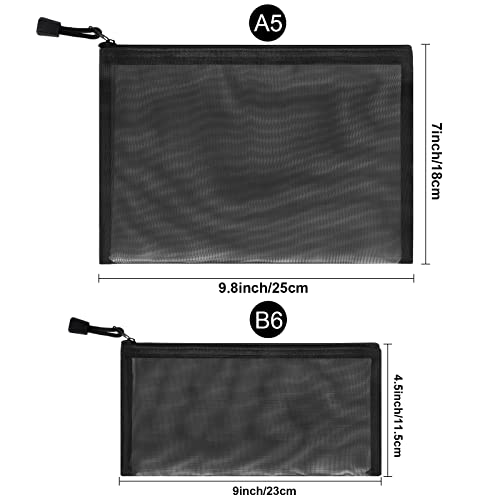 12-Pack Nylon Mesh Pouches - Zipper Makeup Bags in A5+B6 Sizes (Black, White, Grey)