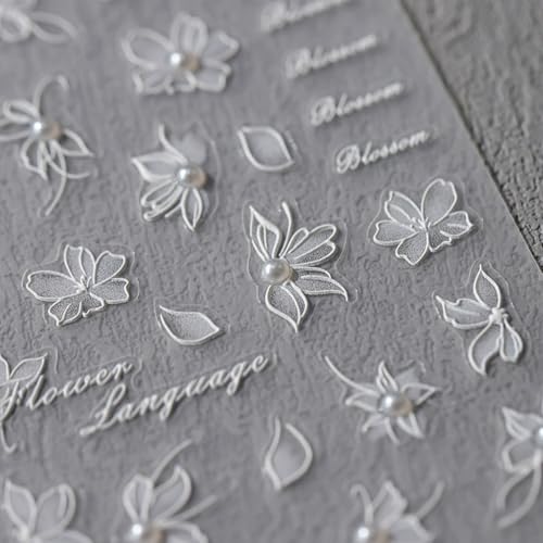 5D Embossed White Flower Nail Art Stickers - Self-Adhesive Decals