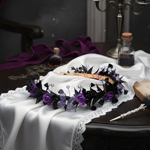 Black Fairy Flower Crown with Butterfly and Gothic Elf Design - KorViSHOW, Black Purple Variation