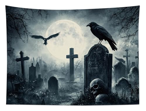 Gothic Halloween Tapestry Wall Hanging | Scary Crow & Graveyard Decor, 60x40 In