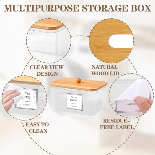 Clear Dryer Sheet Holder with Bamboo Lid & Labels - 2-in-1 Dispenser