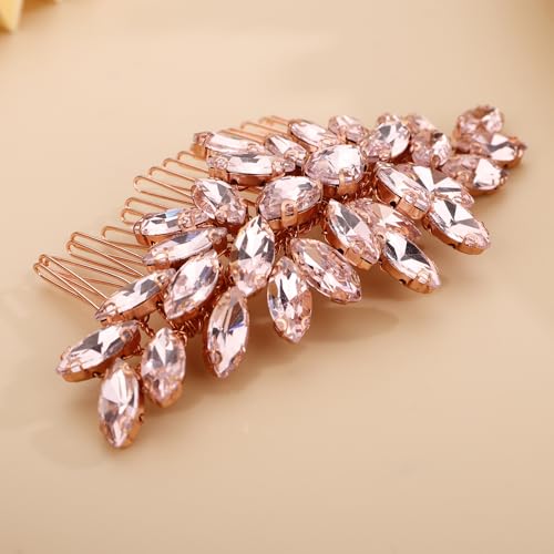 Missgrace Rose Gold Pink Bridal Hair Comb with Rhinestones – Elegant Wedding Accessory