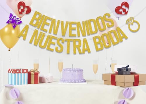 Gold Glitter Spanish Wedding Banner - Bienvenidos A Nuestra Boda Decoration