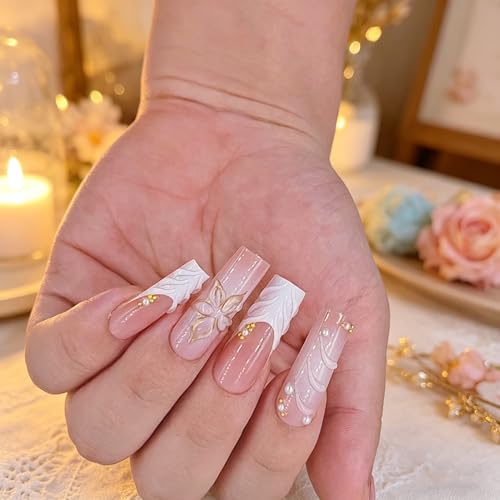 Press On Nails - Long Square Acrylic Kit with 3D Flowers & Gold Charms