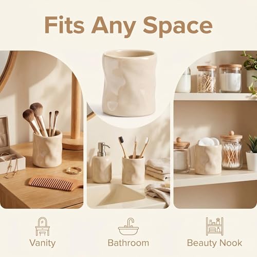 Beige Ceramic Makeup Brush Holder - 12 Oz Vanity Organizer Cup