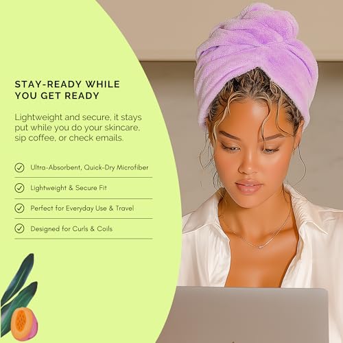 Purple Mango Microfiber Hair Towel Wrap for Curly & Wavy Hair - Fast Drying, Gentle, Lightweight, with Button Loop