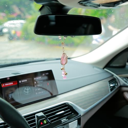 Pink Tulip Car Mirror Charm - 9-Inch Cat's Eye Stone Ornament
