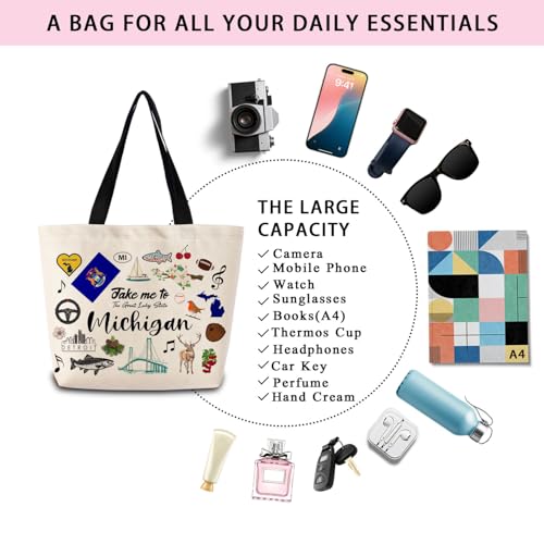 Michigan Tote Bag - Reusable Grocery Shoulder Handbag with Pocket