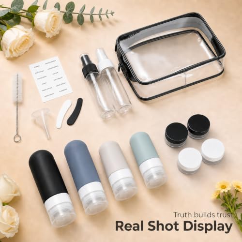 Tonater 17 Pack Travel Bottles Set TSA Approved Leak-Proof Silicone Toiletry Containers with Labels – Black, White, Green, Dark Blue, Khaki