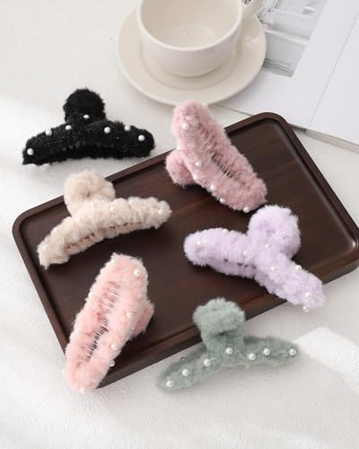 6PCS Large Fuzzy Claw Hair Clips for Thick Hair - Cute Bow Design
