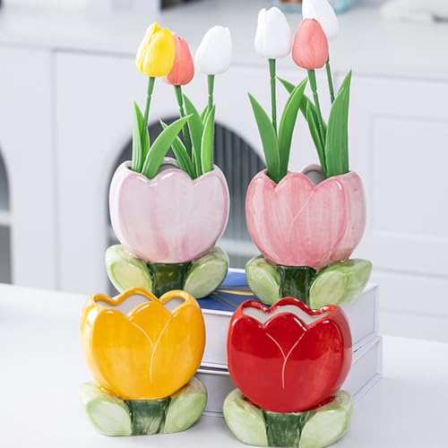 TANG SONG Pink Ceramic Tulip Makeup Brush Holder & Organizer