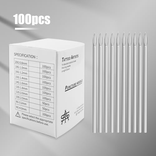 YTATTOO 100pcs Assorted Body Piercing Needles 12g-20g Sterile Piercing Kit