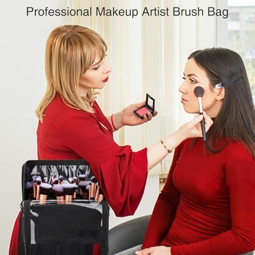 Makeup Brush Organizer - Large Travel Makeup Brush Holder with Adjustable Divider | Professional Cosmetic Storage Bag - Black