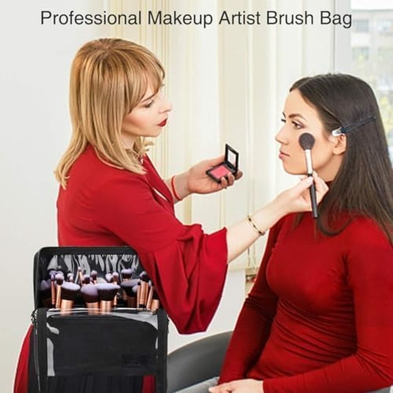 Makeup Brush Organizer - Large Travel Makeup Brush Holder with Adjustable Divider | Professional Cosmetic Storage Bag - Black
