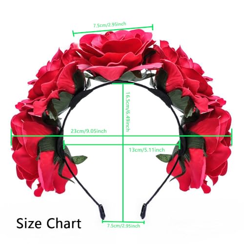 Bodermincer Dark Red Rose Flower Headband for Women, Floral Hair Hoop