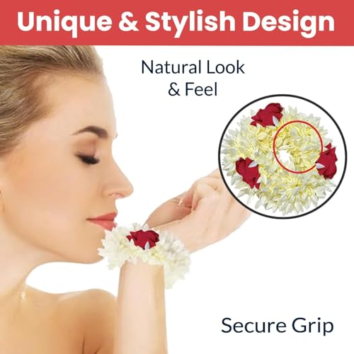 Sniptrend Mogra Scented Hair Rubber Band Gajra with Jasmine Flower Design - 1 Pack of 1, White & Red Petals, Traditional Hair Accessory for Women & Girls