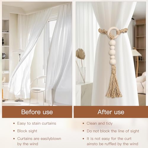 Macrame Curtain Tiebacks with Wooden Beads - 2-Pcs Natural Beige Holdbacks