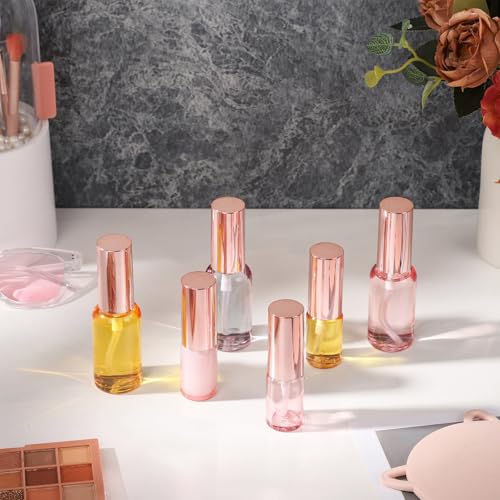 RAMFIYN 12 Pack 10ml Pink Glass Spray Bottles with Rose Gold Lid – Refillable Fine Mist Atomizers