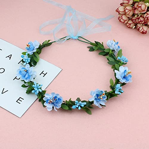 Flower Headband Crown for Wedding & Festival - Adjustable Ribbon, Blue