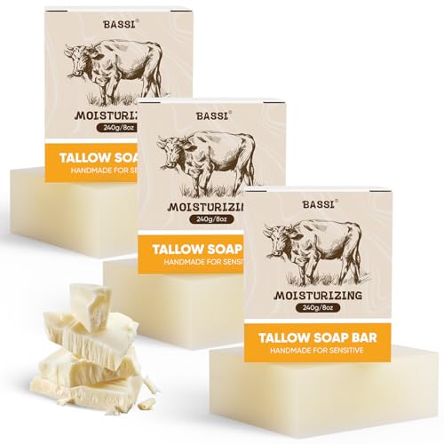 BASSI 2 Pack Natural Beef Tallow Soap Bar for Deep Cleansing & Moisturizing, 4 Oz