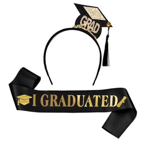 Graduation Headband and Black Satin Sash Set for Commencement Ceremony