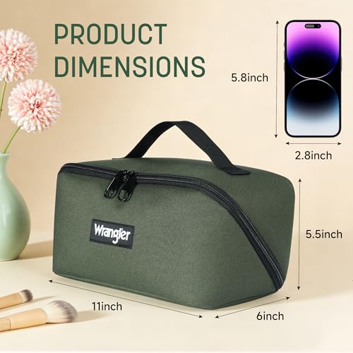 Wrangler Olive Travel Toiletry Bag for Men & Women, Large Capacity Waterproof Cosmetic Organizer with 4 Pockets & 180° Flat Design
