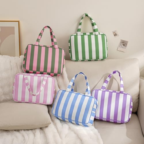 Large Stripe Travel Cosmetic Bag with Handle - Green Pink Variation
