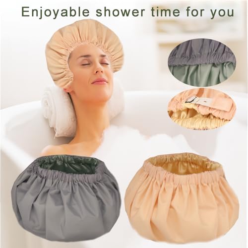 Genergy 2-Pack Satin Lined Shower Caps for Women - Light Grey & Apricot, Adjustable, Waterproof, Frizz-Free
