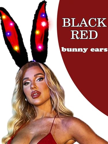 Aceorna Light Up Bunny Ears Headband - Black/Red LED Glow Hair Hoop for Women