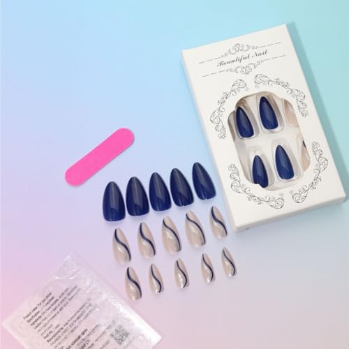 Swirl Blue Press-On Nails - Medium Length Almond Fake Nails with Glitter and Designs for Women