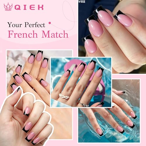 QIEK 150Pcs Deep Pink & Black French Tip Press-On Nails - Short Square