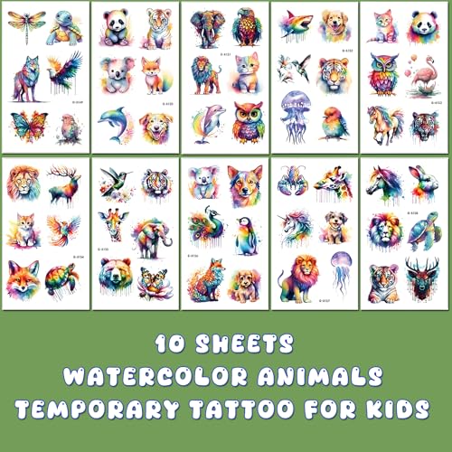60 PCS Watercolor Animal Temporary Tattoos for Kids' Parties