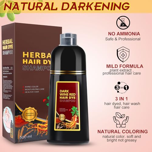 GDRFNP Dark Wine Red Hair Dye Shampoo 3-in-1 for Gray Hair, Herbal Cover Up