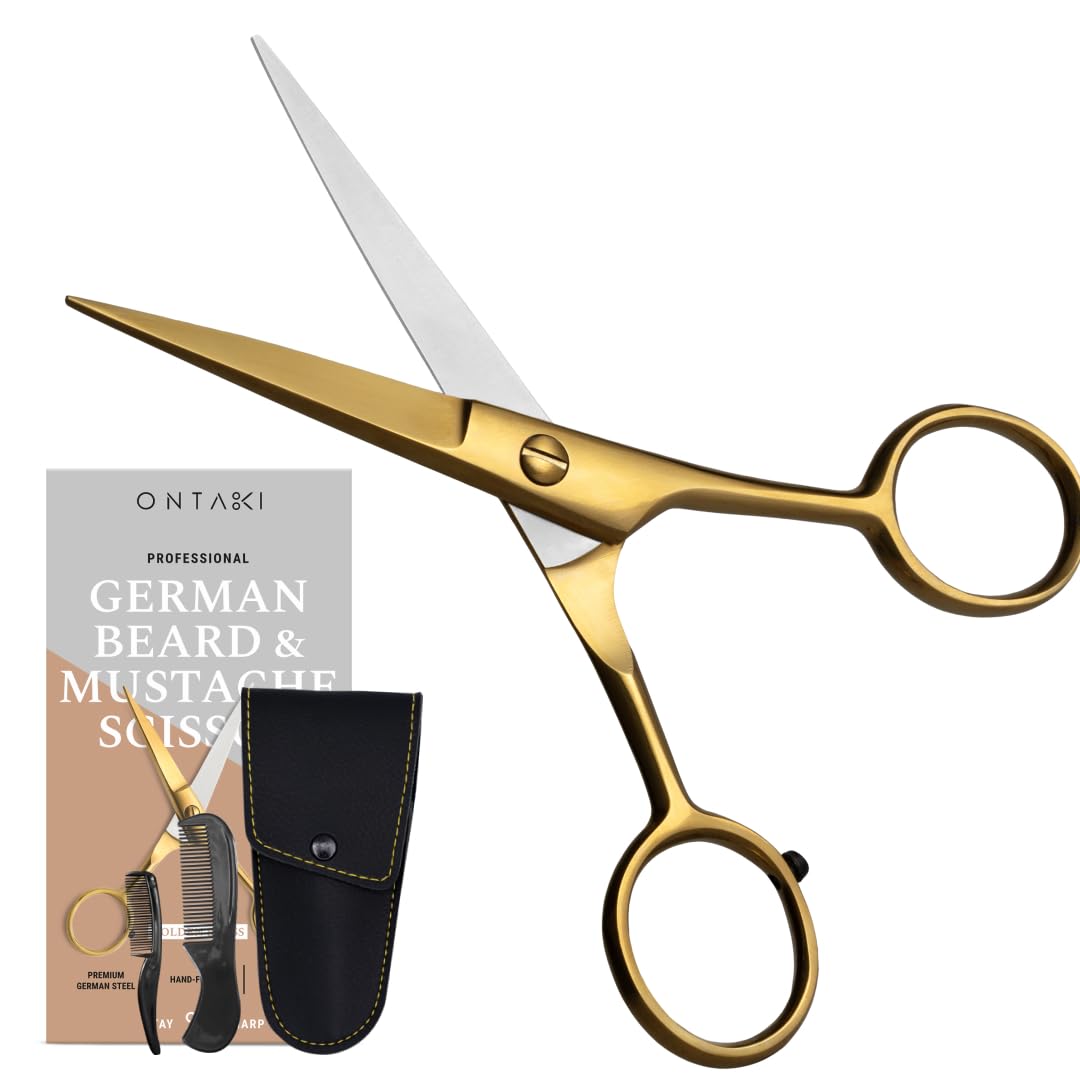 Ontaki Beard & Mustache Scissors for Men - 5inch, Gold Brass - 410C German Steel Durable, Ergonomic Design Travel Friendly Facial Hair Scissors - Beard Kit 2 Combs & Case Perfect for Styling